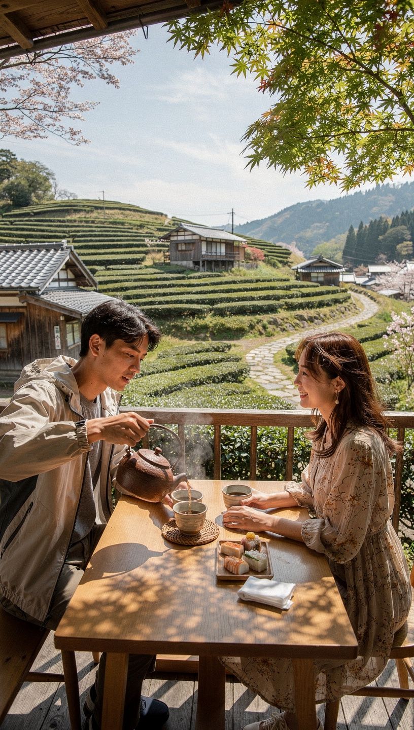 緑茶の葉が広がるティーポットのシーン